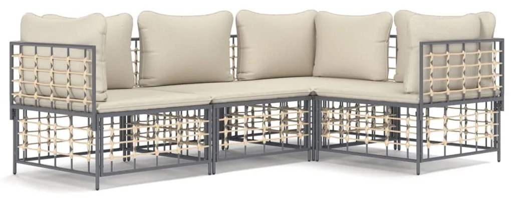 4 részes antracitszürke polyrattan kerti ülőgarnitúra párnákkal