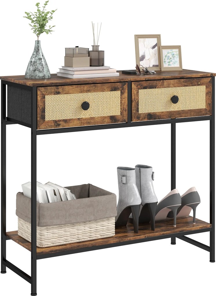 HOMCOM Konzolasztal Előtér Asztal Nyitott Polccal és 2 Elő Rattan Fiókkal 80x30x75 cm Rusztikus Barna | Aosom