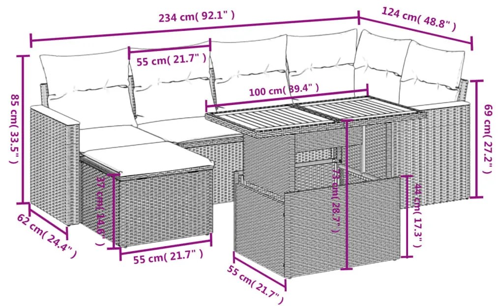 7 részes fekete polyrattan kerti ülőgarnitúra párnával