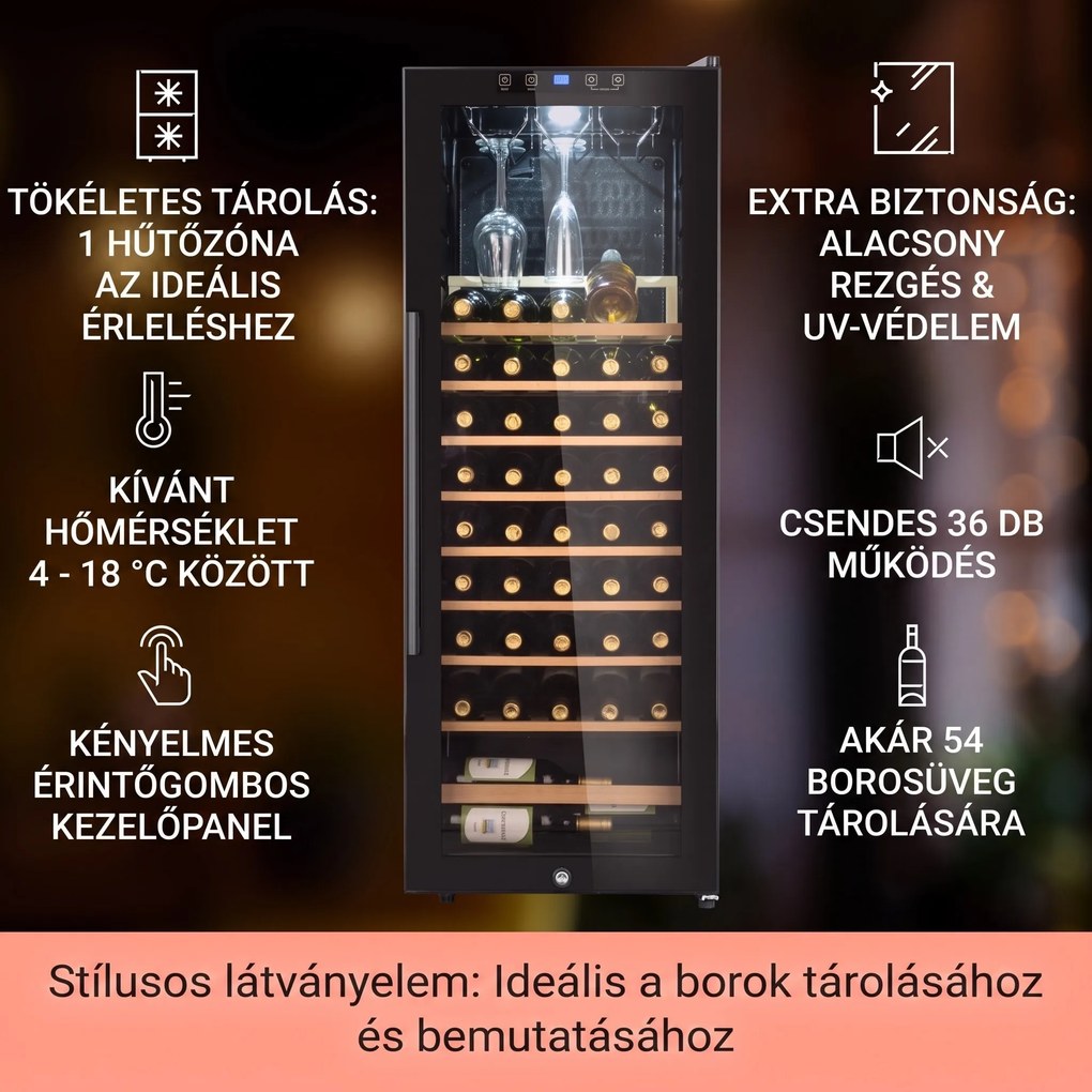 Klarstein Barossa 54 Uno, borhűtő, 155 liter, 54 palack, üvegajtó, érintőképernyős LED