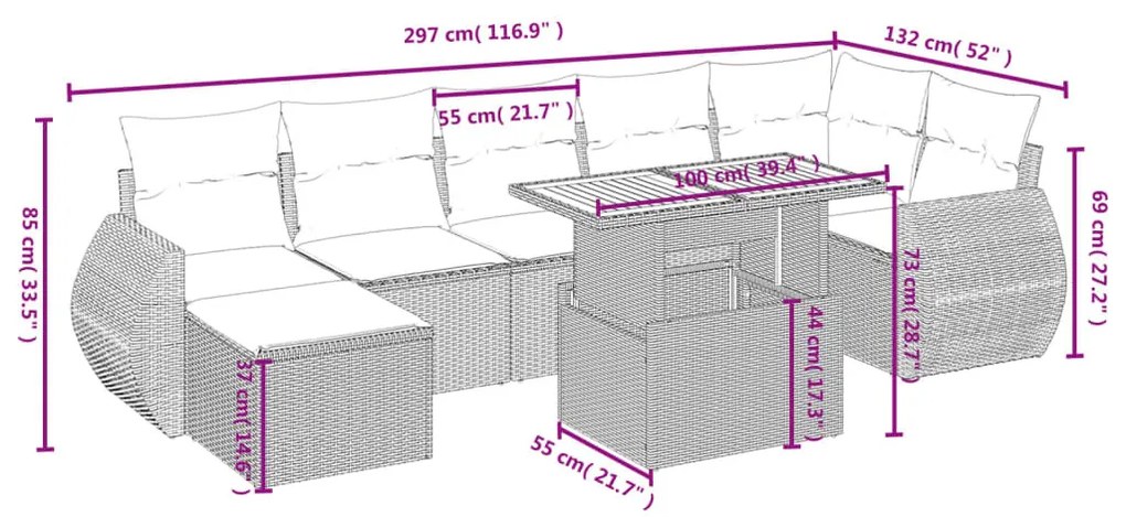 8 részes szürke polyrattan kerti ülőgarnitúra párnákkal