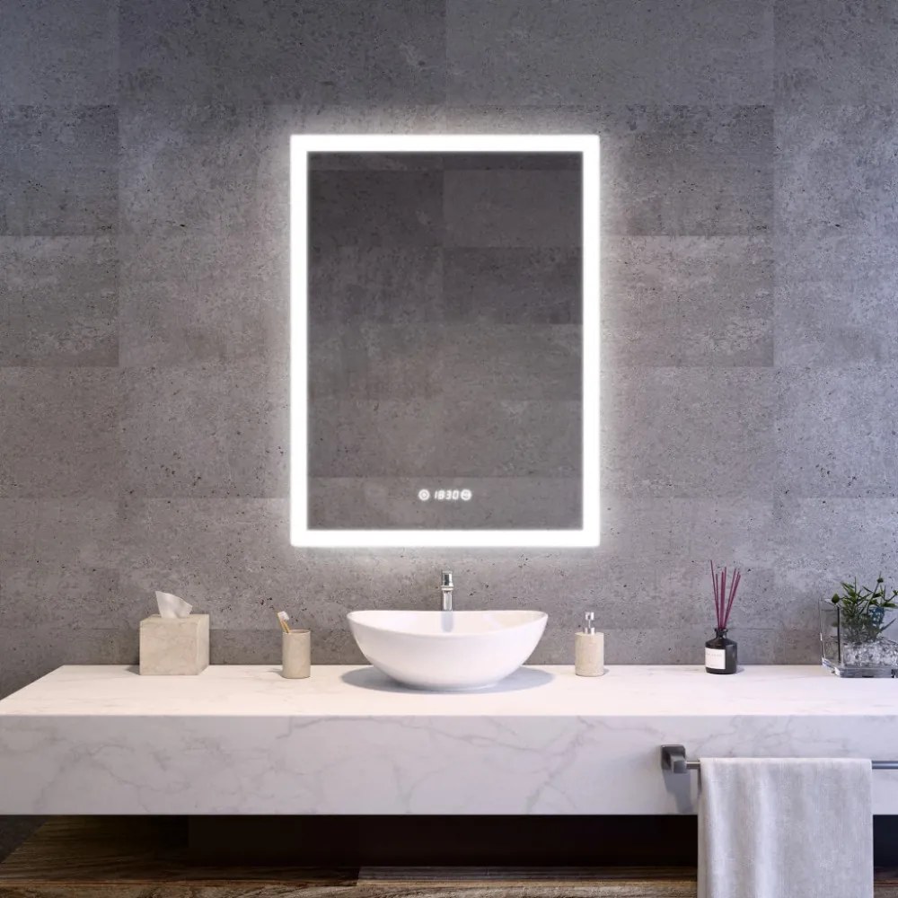 Álló fürdőszobai LED tükör 70x90cm | Páramentesítő - Óra - Fényerő és színhőmérséklet szabályozás | Welland Luxury-Line