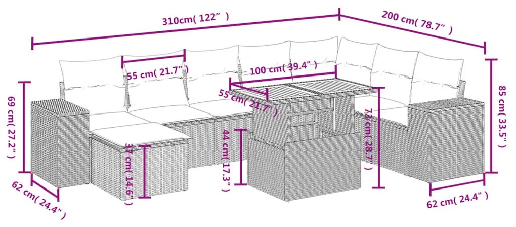 9 részes szürke polyrattan kerti ülőgarnitúra párnákkal