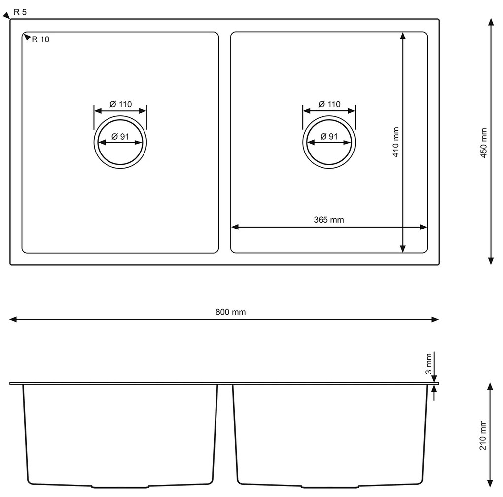 Erga HD, 2 kamrás acél mosogató 800x450x210 mm, acél, ERG-MLS-HD8045