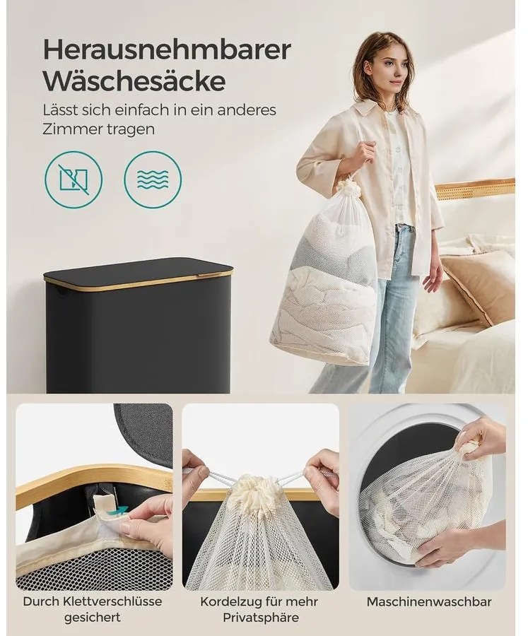 SONGMICS szennyeskosár fedéllel – 3 rekeszes ruhagyűjtő, 150 L űrtartalommal fekete színben