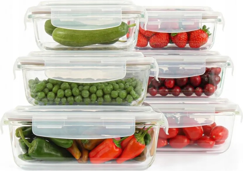 6x Ételtároló üveg hűtőszekrényhez fedéllel légmentesen záródó szett