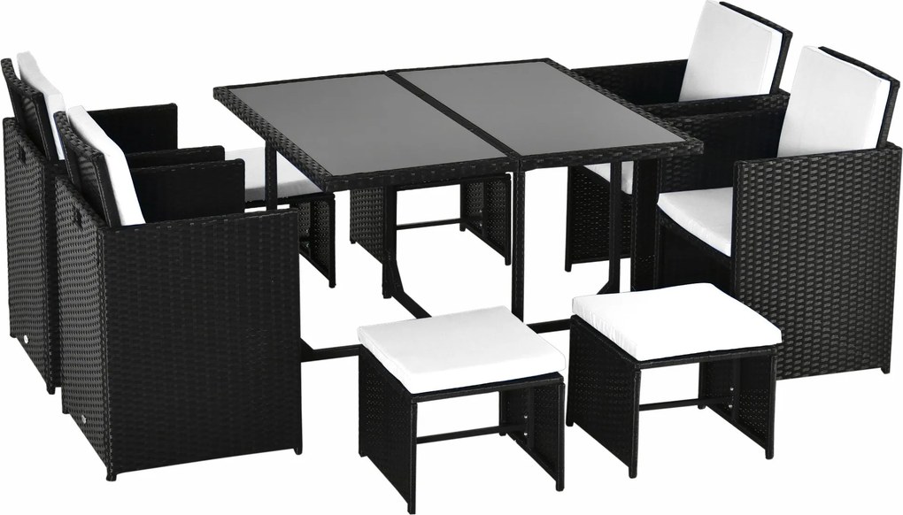 Outsunny 9 db. Polyrattan Kerti Bútor Készlet Étkező Csoport Készlet Párnákkal, Fekete 110 x 110 x 71 cm | Aosom