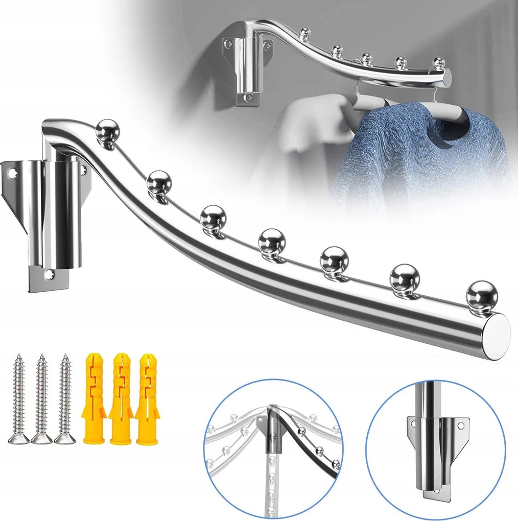 Összecsukható Ruhaakasztó, Falra Szerelhető, 7 Akasztóval, 180°-BAN Elforgatható