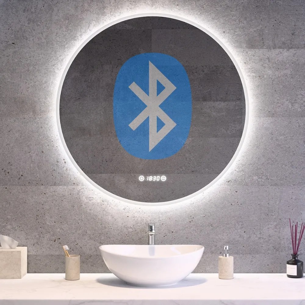 Kerek fürdőszobai LED tükör Ø80cm | Bluetooth hangszóró - Páramentesítő - Óra - Fényerő és színhőmérséklet szabályozás | Welland Alpha