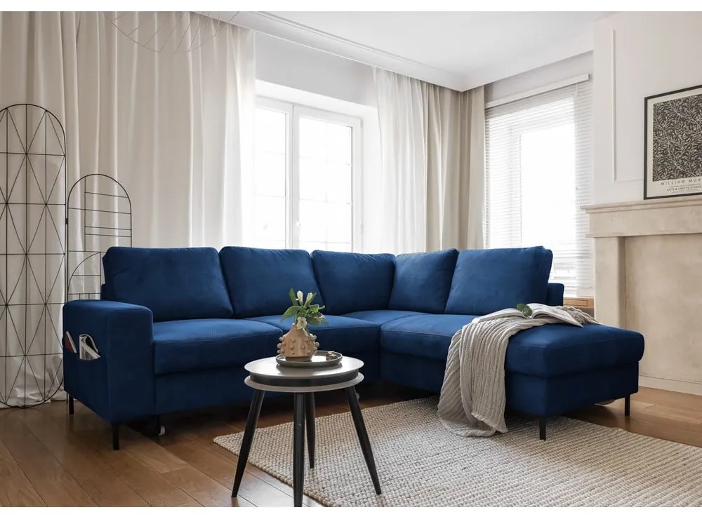 Sötétkék kordbársony kinyitható sarokkanapé (jobb oldali) Lofty Lilly – Miuform