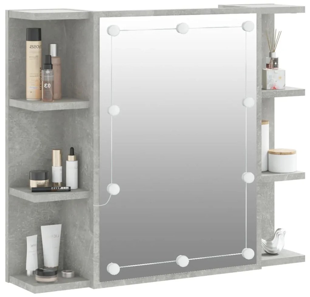 betonszürke tükrös szekrény LED-ekkel 70 x 16,5 x 60 cm
