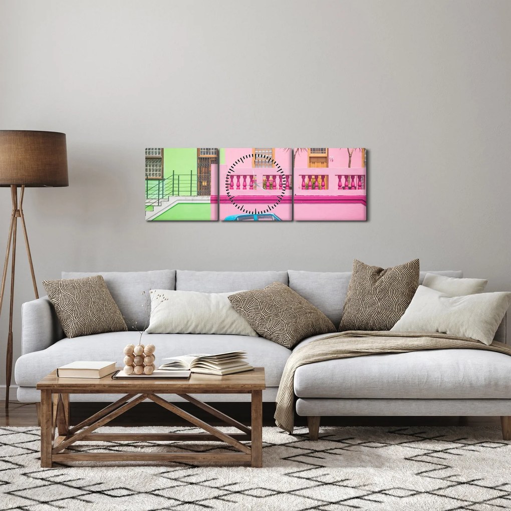 Autó képe - színes házak (órával) (90x30 cm)