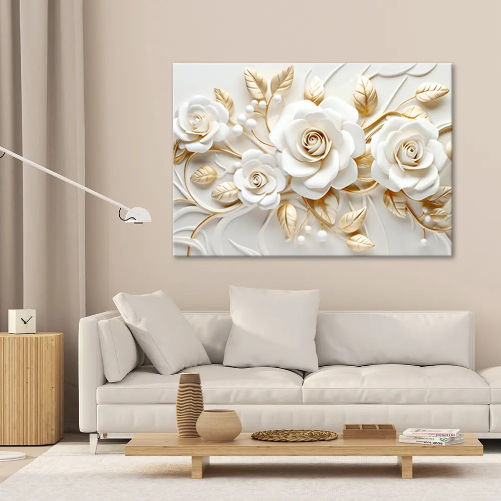 Gario Vászonkép Fehér rózsák arany levelekkel Méret: 100 x 70 cm