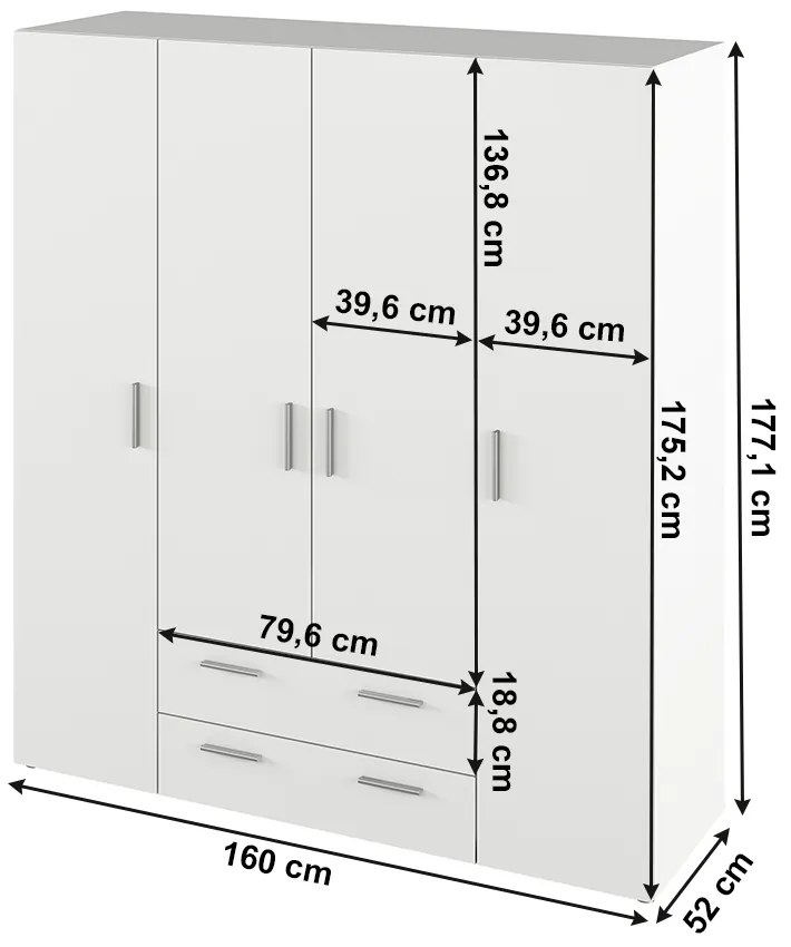 Ruhásszekrény, négyajtós, fehér, KORNY
