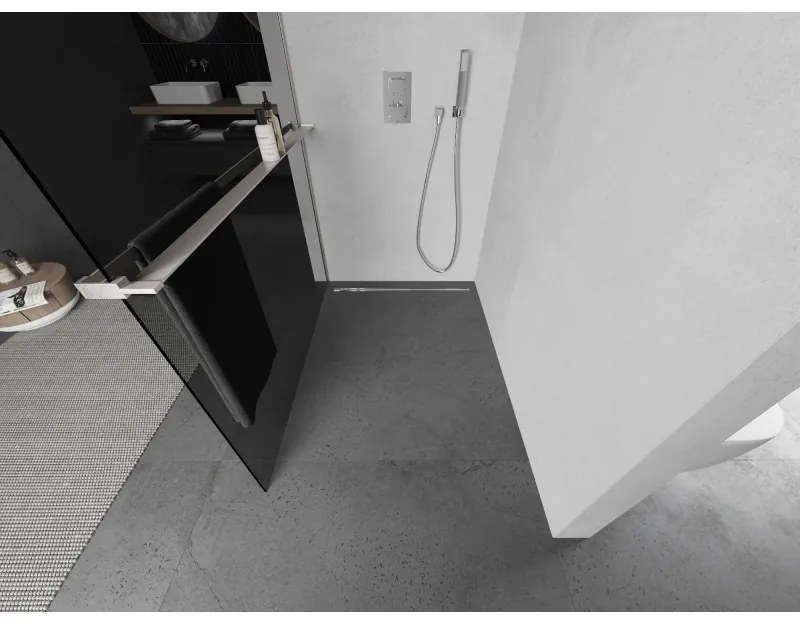 Mexen Kioto+, Walk-In zuhanyparaván polccal és akasztóval 80 x 200 cm, 8mm szürke üveg, csiszolt acél profil, 800-080-121-97-40