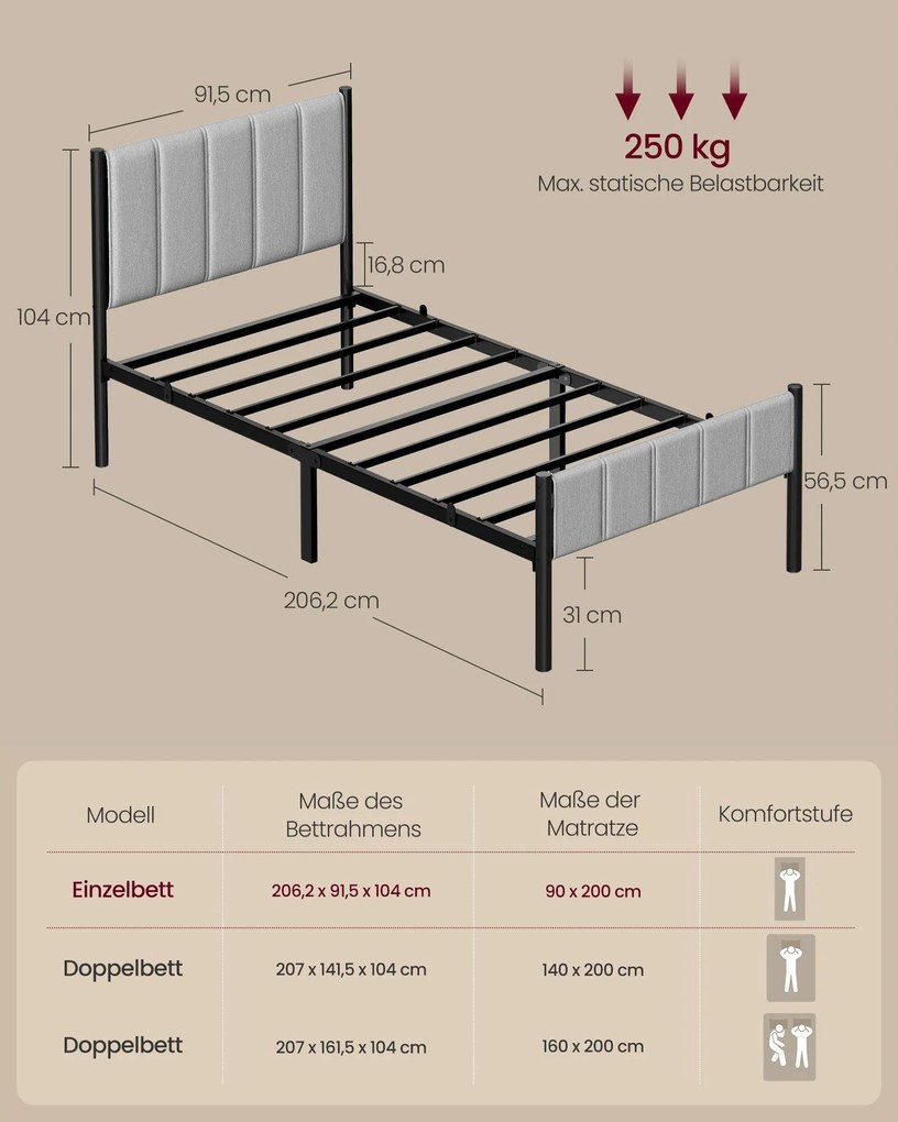 VASAGLE egyszemélyes fém ágykeret kárpitozott fejvéggel, 90x200 cm, galambszürke