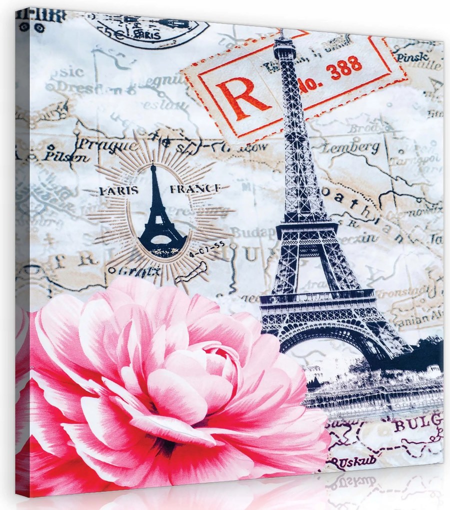 Vászonkép 80x80 Párizs Eiffel-torony virágok utazás térkép vintage stílus romantika