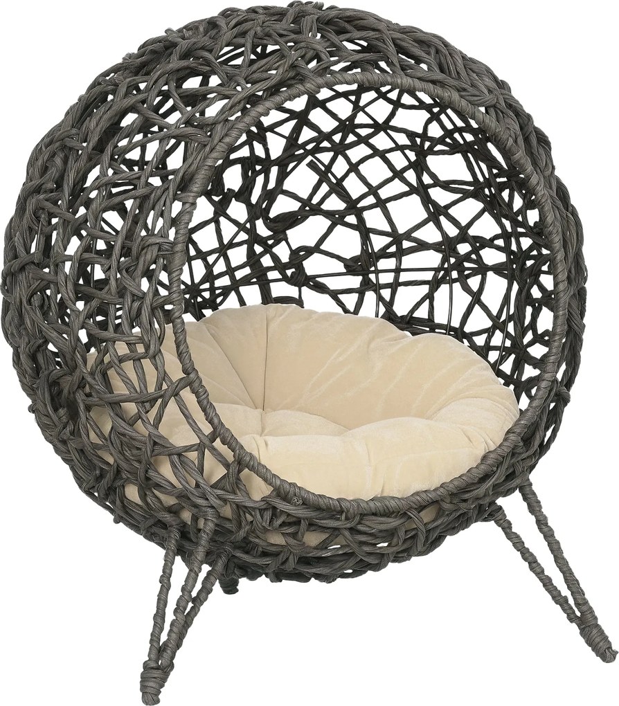 PawHut Rattan Macskaodú Párnával, Macska Alvóhely, Macska Barlang Emelt Lábakkal Ezüst Szürke Ø52 x 58 cm | Aosom