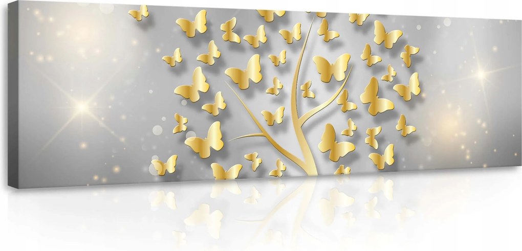 Vászonkép 145x45 Arany pillangók szürke háttérrel a hálószobába elegáns dekoráció
