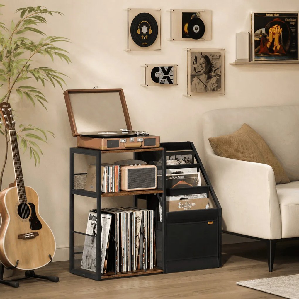 Öreg fa hatású MDF lemezjátszó- és LP-tartó asztal 81 × 30 × 69 cm