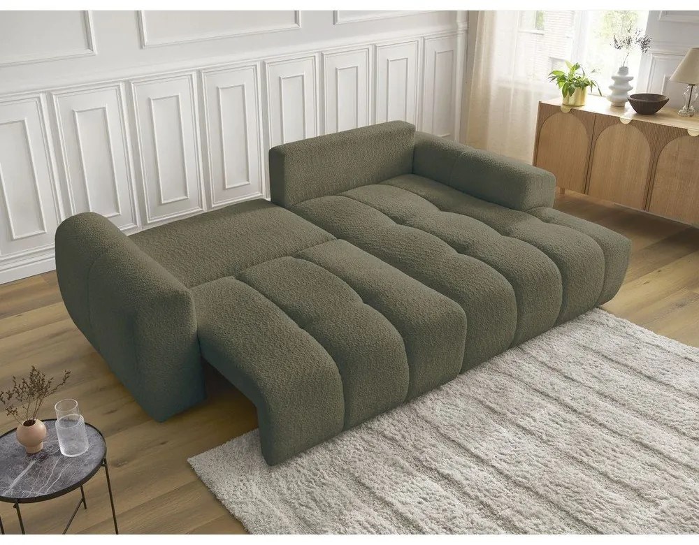 Khaki buklé kinyitható-tárolóhelyes sarokkanapé (jobb oldali-heverő résszel) Roxelane – Bobochic Paris