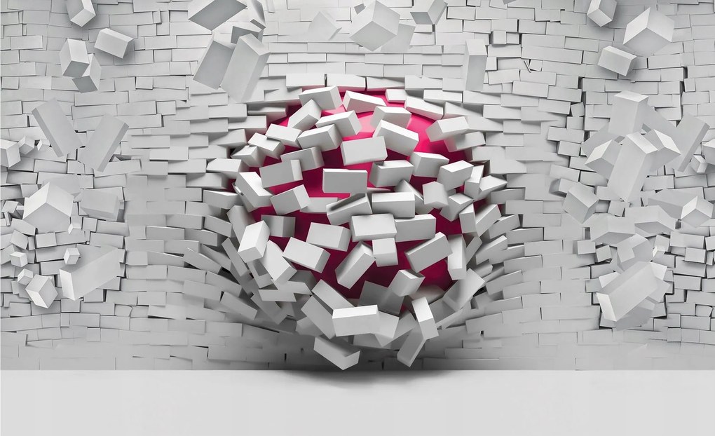 Flizelin fotótapéta Rózsaszín gömb átszúrja a fehér téglát 416x254 +ragasztó