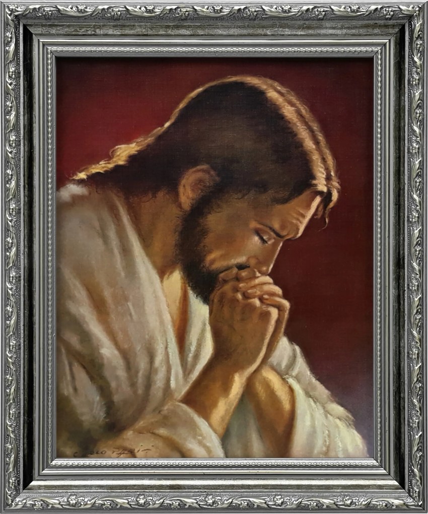 Vászonkép 31x26 Jézus Krisztus Imádkozó Ezüst Díszített Keret
