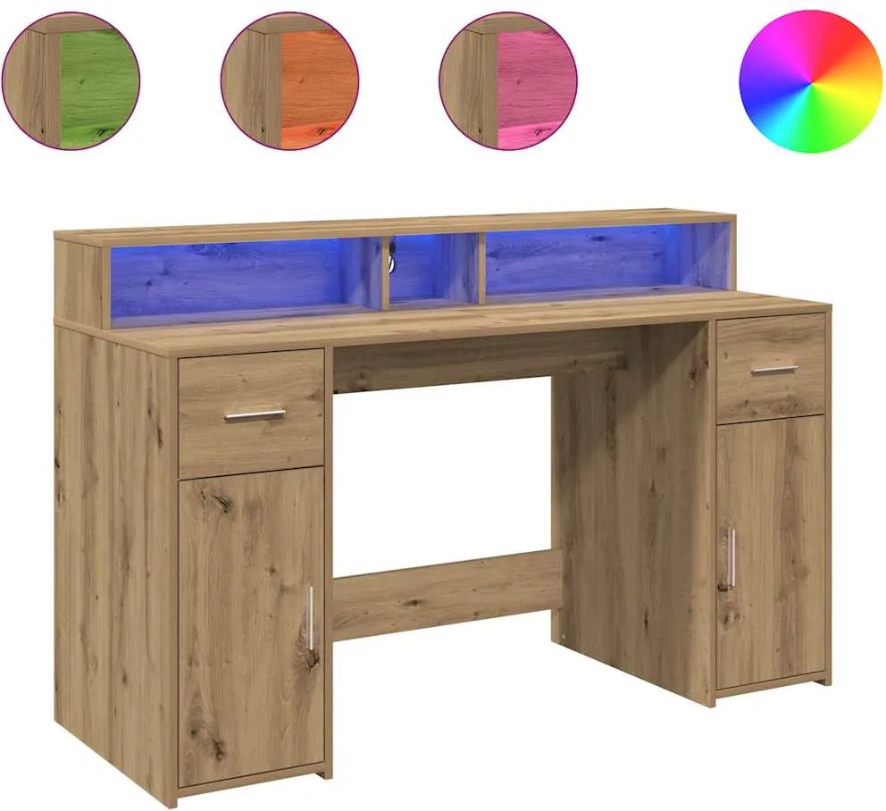 vidaXL kézműves tölgy színű szerelt fa LED-es íróasztal 140x55x91 cm