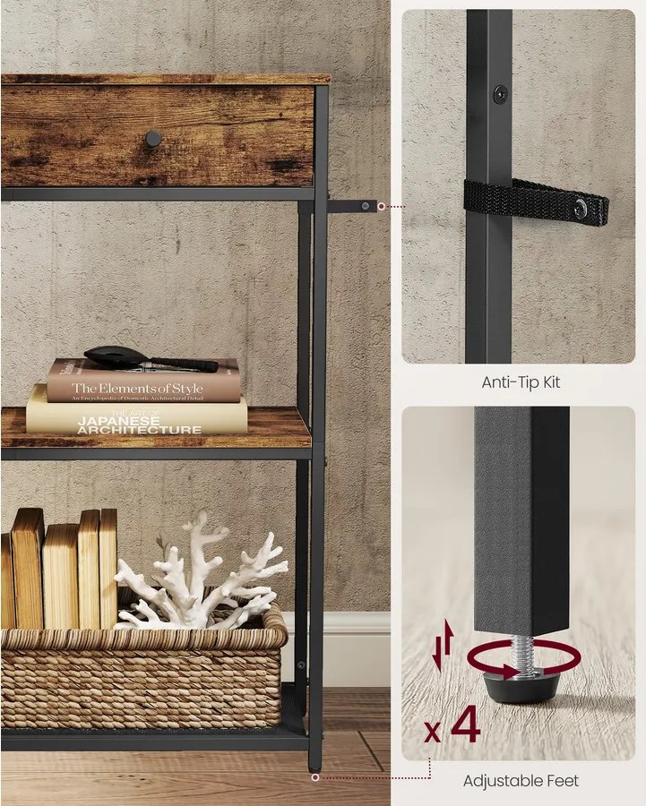 Keskeny konzolasztal 2 fiókkal, 3 szintes, rusztikus barna és fekete színben