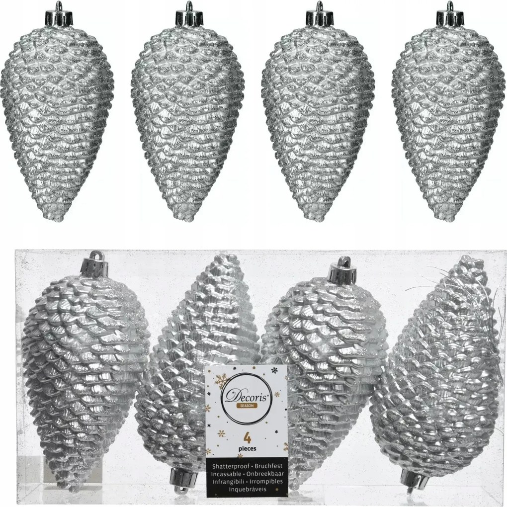Karácsonyfadísz toboz alakú 12cm 4db Ezüst karácsonyfadísz