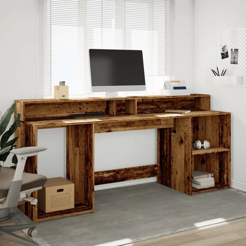 antik fa színű szerelt fa íróasztal LED-ekkel 200 x 55 x 91 cm