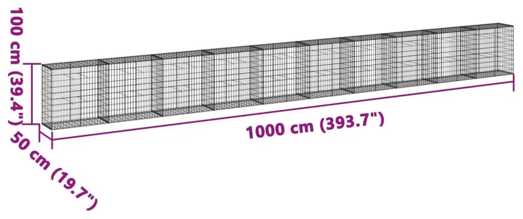 horganyzott vas gabion kosár fedéllel 1000 x 50 x 100 cm