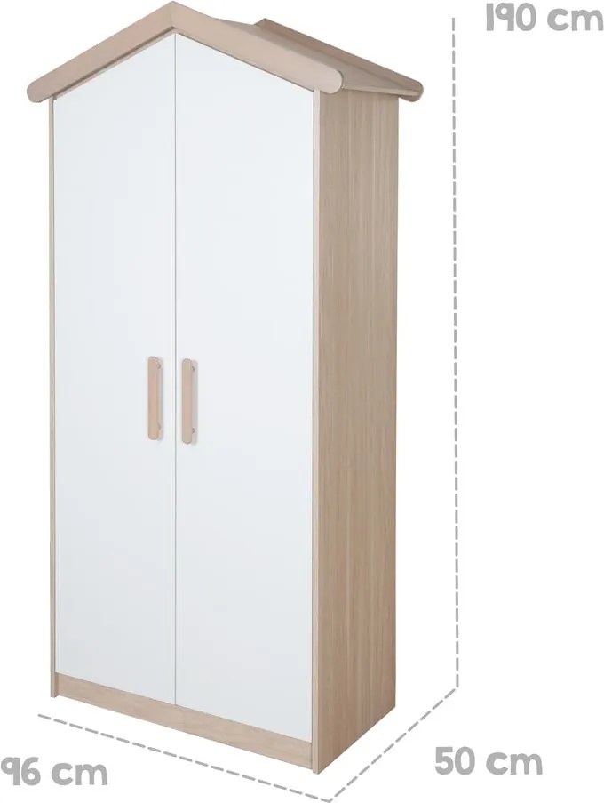 Fehér-natúr színű gyerek ruhásszekrény tölgyfa dekorral 96x190x50 cm Cabane – Roba