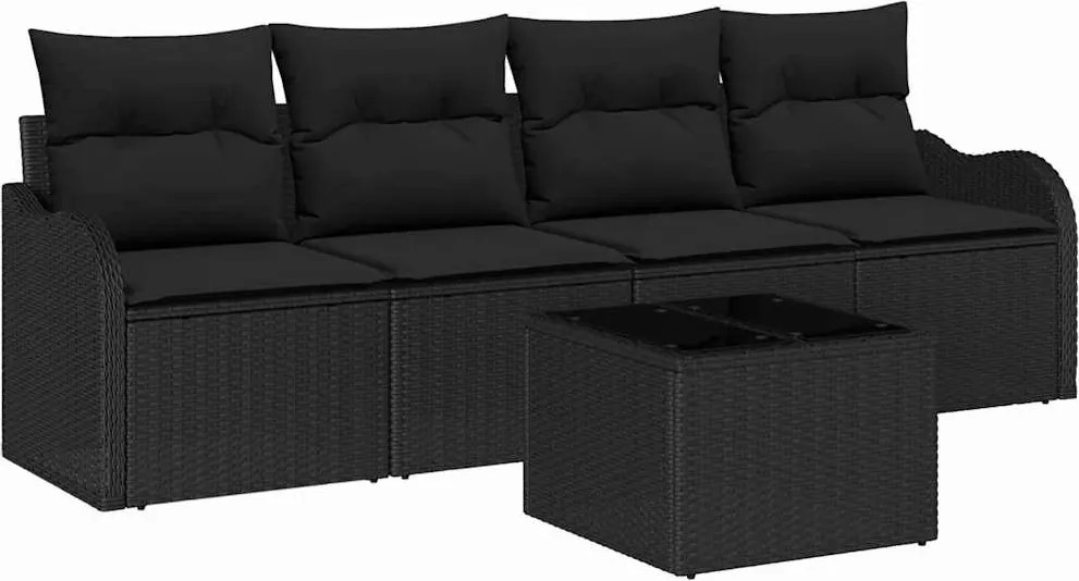 vidaXL Kerti Kanapé Szett tárolóval párnával 5 pcs Fekete polirattan