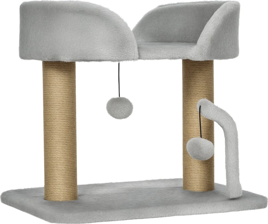 PawHut Kisméretű Macska Kaparófája 42 cm Magasságú Macska Fakérgével, Függőlabdákkal és Szizálposztokkal 48x38x42 cm Világos Szürke | Aosom