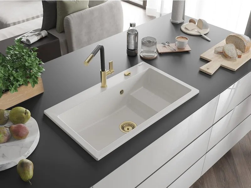 Mexen Omar egymedencés gránit mosogató 800 x 480 mm, fehér, arany szifon - 6520801005-20-G