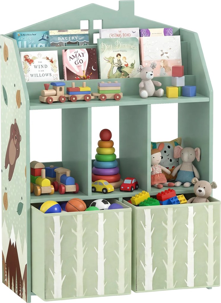 AIYAPLAY gyerek játékszekrény textilfiókokkal, nyitott polcokkal és mackómintával — zöld | Aosom