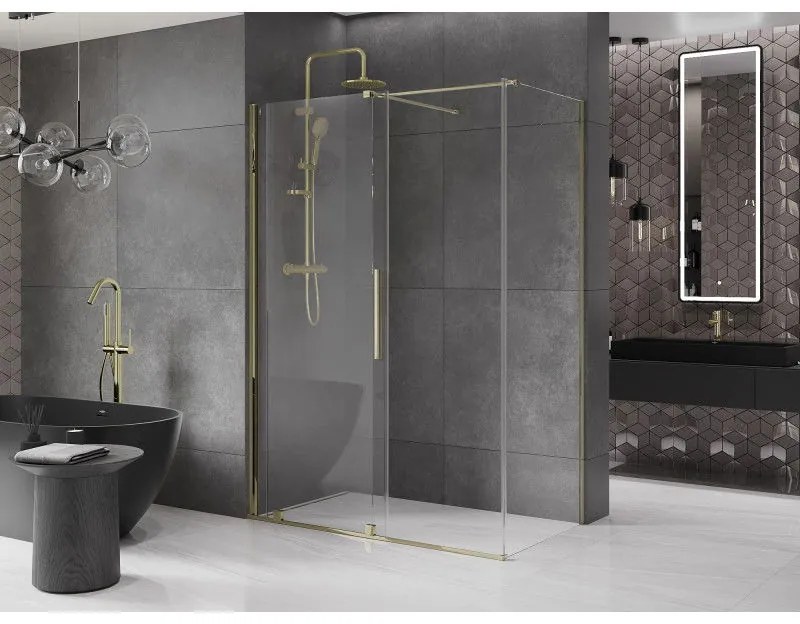 Mexen Velar, zuhanykabin tolóajtóval 140 (ajtó) x 85 (fal) cm, 8mm átlátszó üveg, arany fényes, 871-140-085-01-50