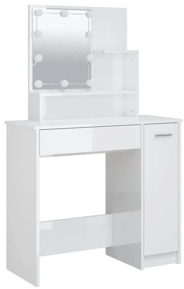 magasfényű fehér fésülködőasztal LED-del 86,5 x 35 x 136 cm