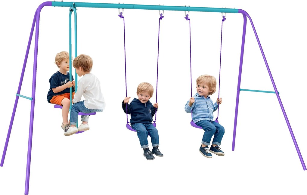 Outsunny Fém Kerti Hinta Szett Állítható Magasságú Hintákkal 3 Éves Kor Felett, Kétszemélyes Hinta Rákkal Teraszra 280x140x176 cm Kék és Lila | Aosom