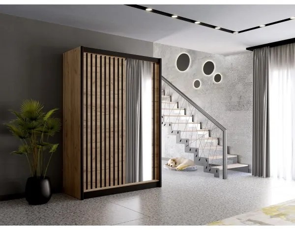 Tükrös ruhásszekrény SANTINO 150x215 cm craft tölgy/fekete