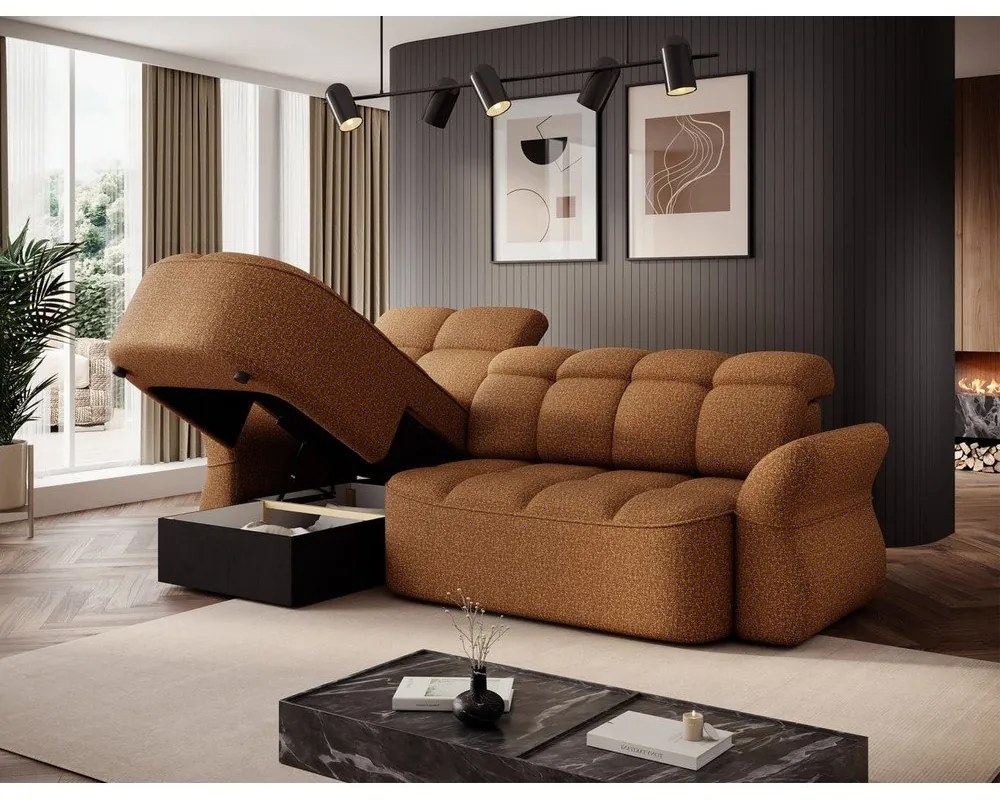 Sárga-barna bársony kinyitható-tárolóhelyes sarokkanapé (bal oldali-heverő résszel) Beneth – ELTAP