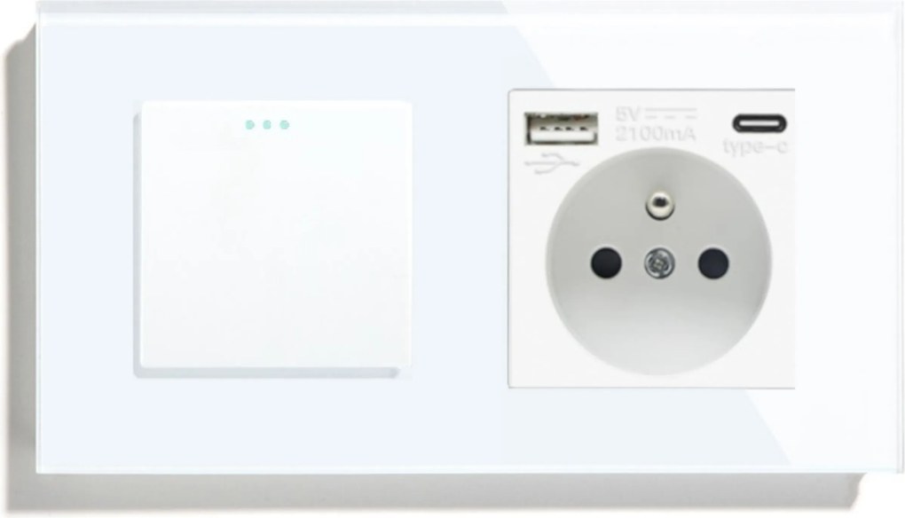 Klasszikus Kapcsoló Szimpla 1K Lépcsős Üveg Aljzat Usb A+c Qc 20W