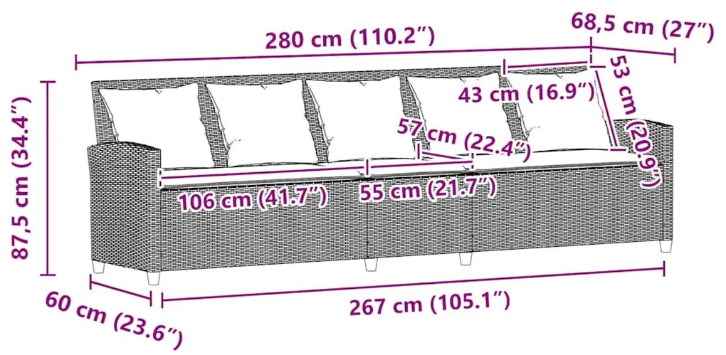 5 személyes fekete polyrattan kerti kanapé párnával