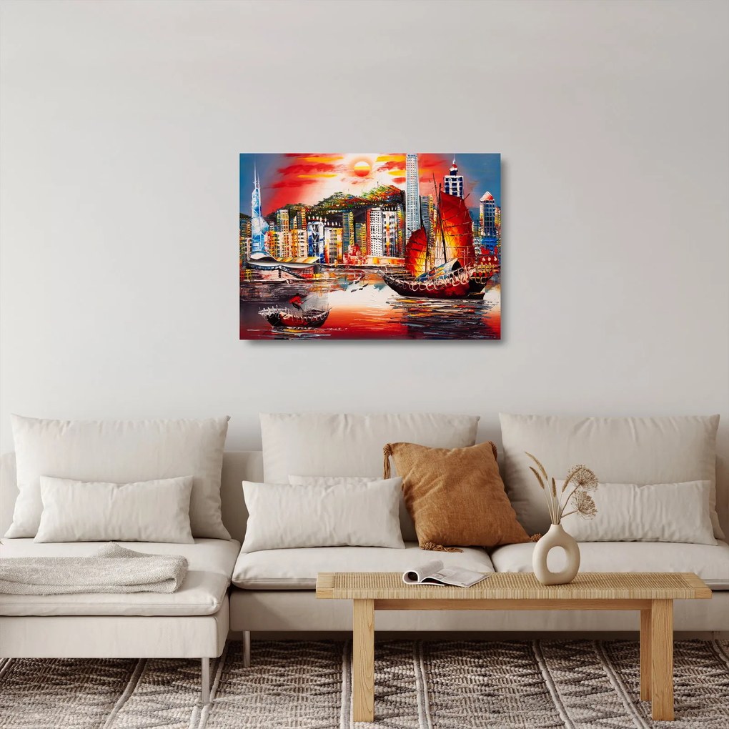 Kép - Victoria Harbour, Hong Kong, olajfestmény (üvegen) (70x50 cm)