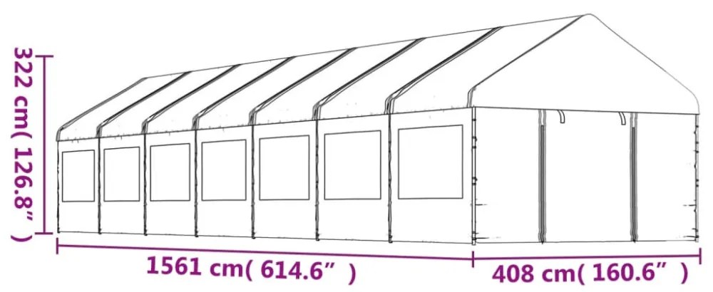 fehér polietilén pavilon tetővel 15,61 x 4,08 x 3,22 m