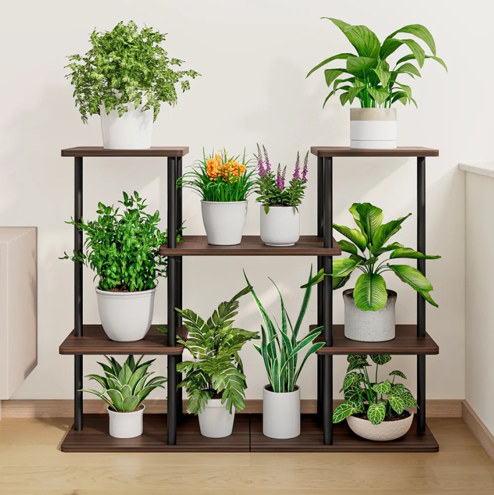 Fém virágtartó állvány, fekete/rusztikus fa, LEDER