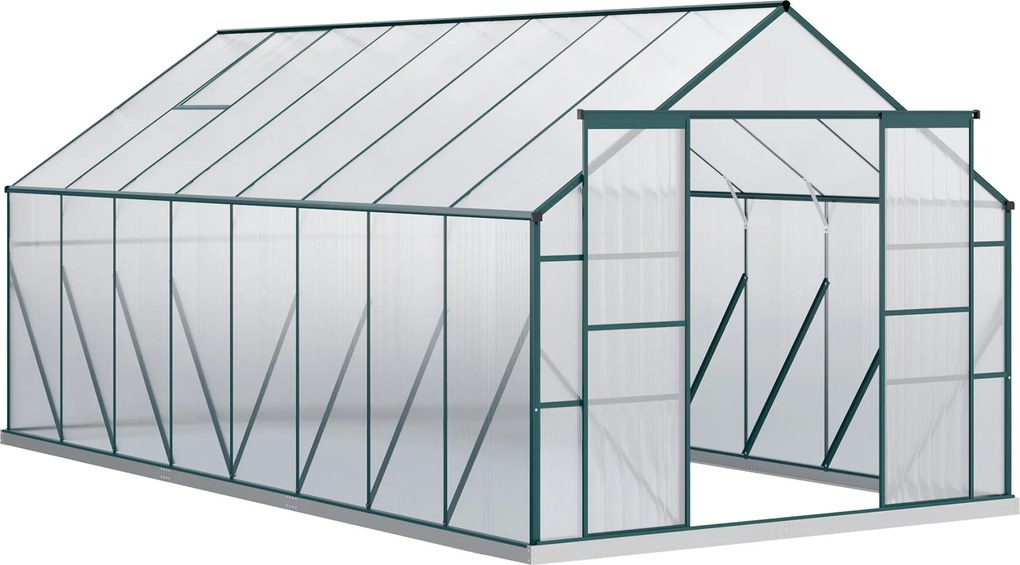 Outsunny Polikarbonát Kerti Üvegház 244x500x216cm, Nyitható Ablakkal és Tolható Ajtóval, Alumínium Váz, Zöld | Aosom