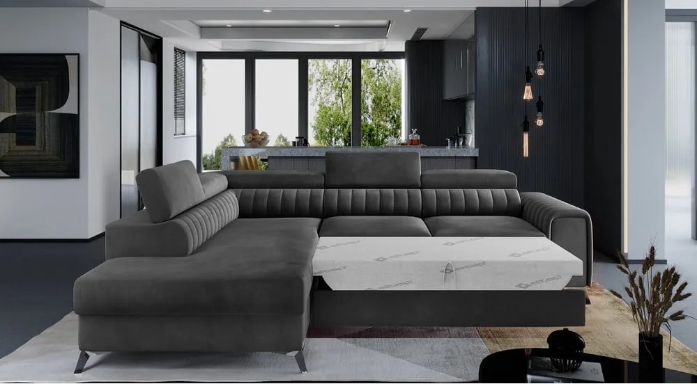 Sötétszürke bársony kinyitható-tárolóhelyes sarokkanapé (bal oldali-L alakú) Laurence – ELTAP