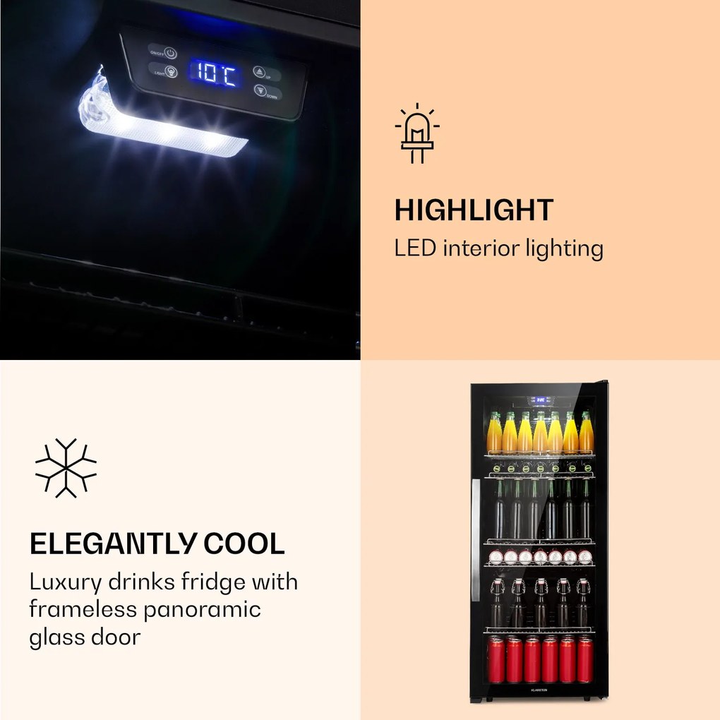 Klarstein Beersafe 7XL, hűtőszekrény, 242 liter, 5 polc, panoráma üvegajtó, rozsdamentes acél
